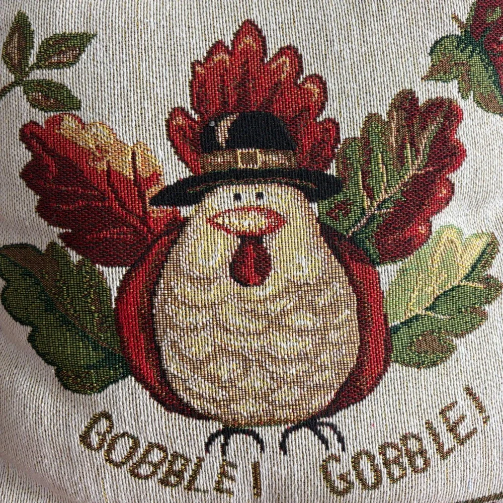 Thanksgiving Turkey Gobble Gobble Woven Tapestry Throw Pillow Autumn Decor Tan